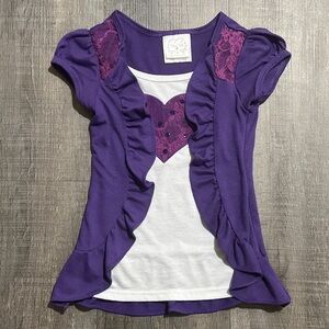 💞 Little Girls Size 4 Purple & White Ruffled Faux Layered Heart Tee